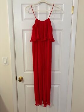 Zara Bright Red Pleated Spaghetti-Strap Jumpsuit